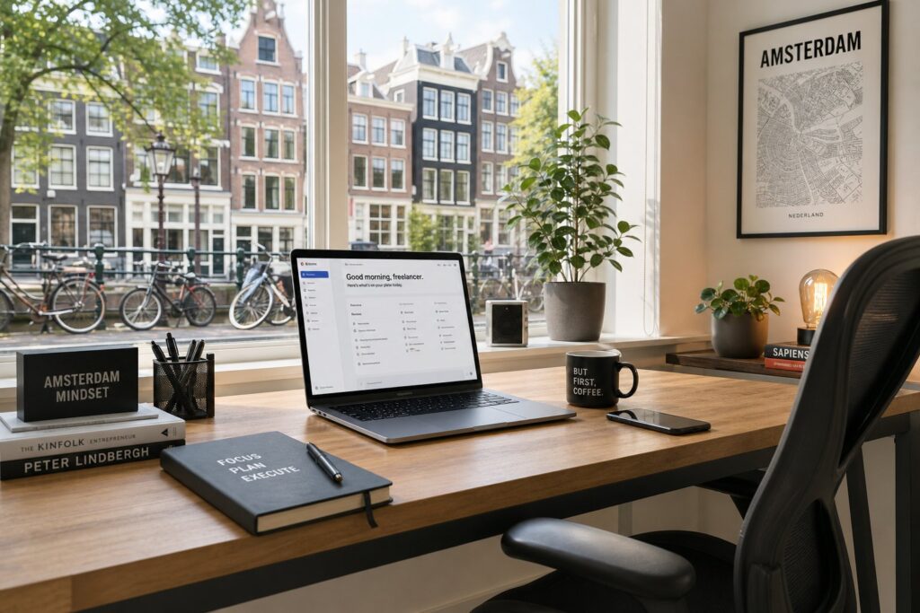 A modern home office with a laptop on a wooden desk, a window showing Amsterdam canal houses and bicycles outside.