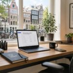 A modern home office with a laptop on a wooden desk, a window showing Amsterdam canal houses and bicycles outside.