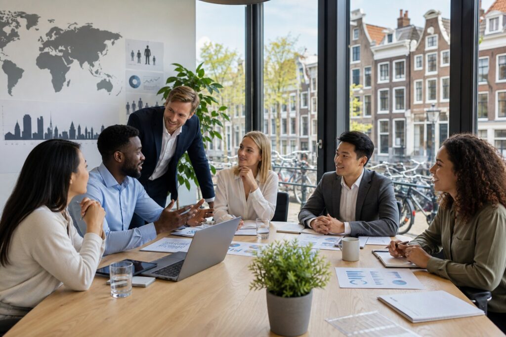 A group of business professionals having a meeting in a modern office with large windows showing Amsterdam city buildings and bicycles outside.