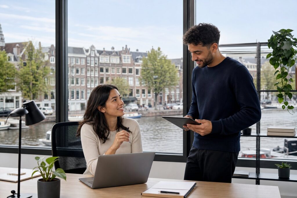 A group of young professionals working and discussing in a modern office with a view of Amsterdam canals and traditional buildings.