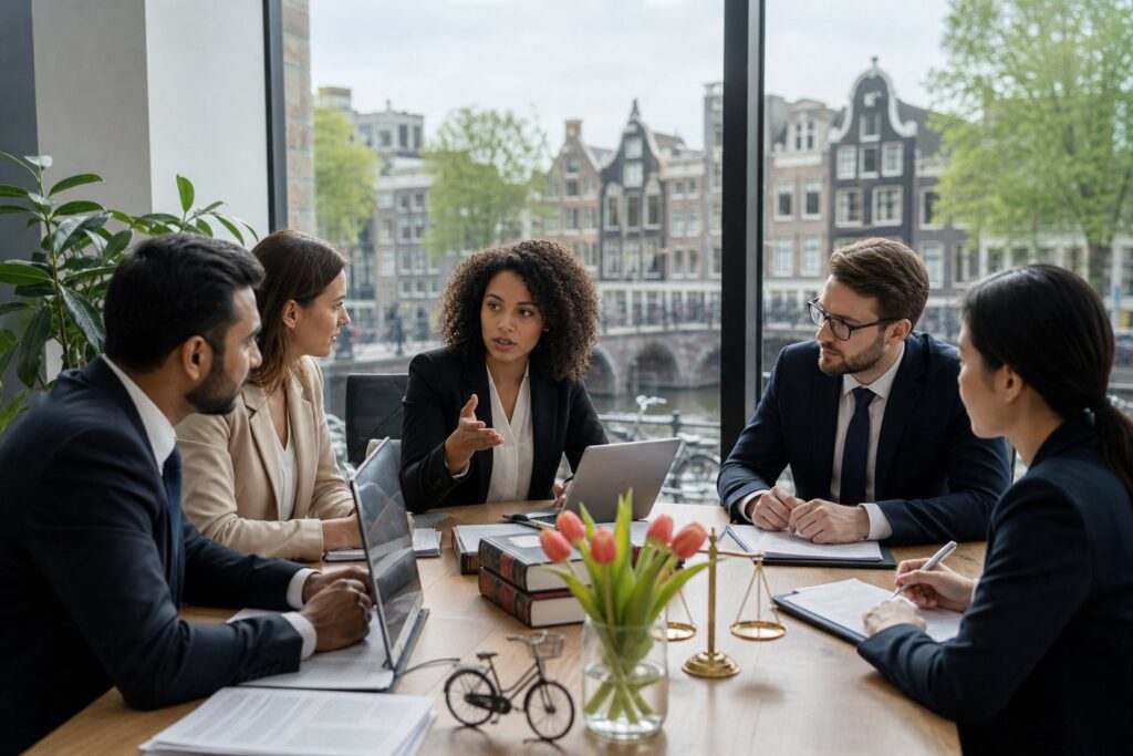 A group of diverse business professionals having a meeting in an office with a view of Amsterdam canals and traditional buildings.