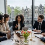 A group of diverse business professionals having a meeting in an office with a view of Amsterdam canals and traditional buildings.