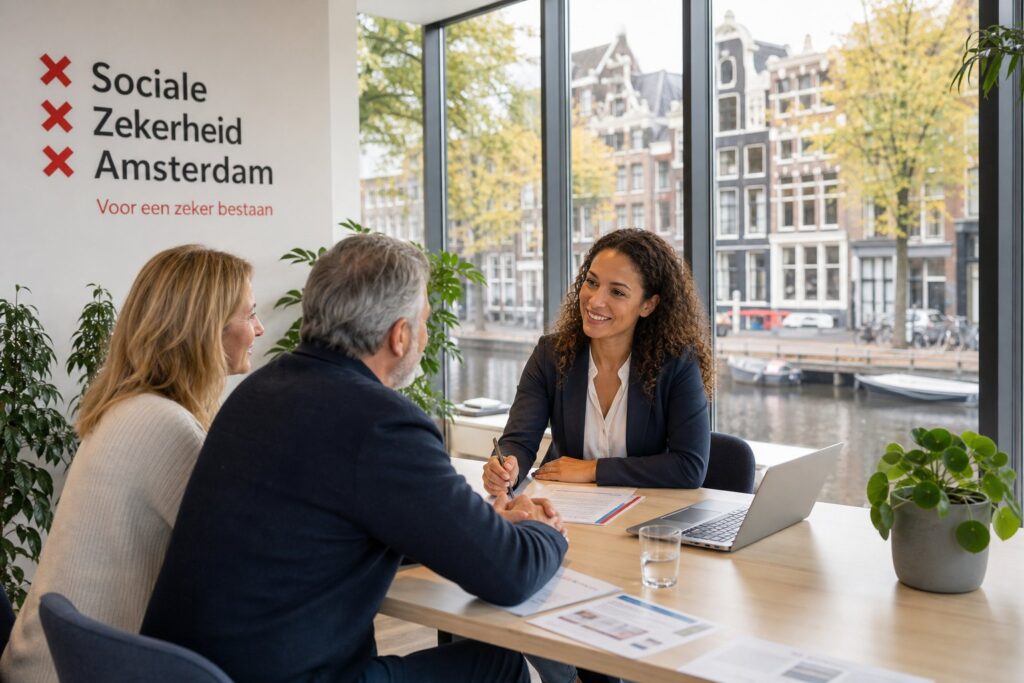 A social security advisor helping a couple in a bright office with a view of Amsterdam canals and buildings outside.