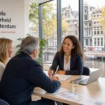 A social security advisor helping a couple in a bright office with a view of Amsterdam canals and buildings outside.