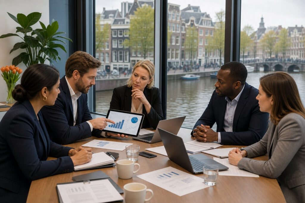 A group of business professionals having a serious meeting in a modern office overlooking Amsterdam canals.