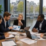 A group of business professionals having a serious meeting in a modern office overlooking Amsterdam canals.