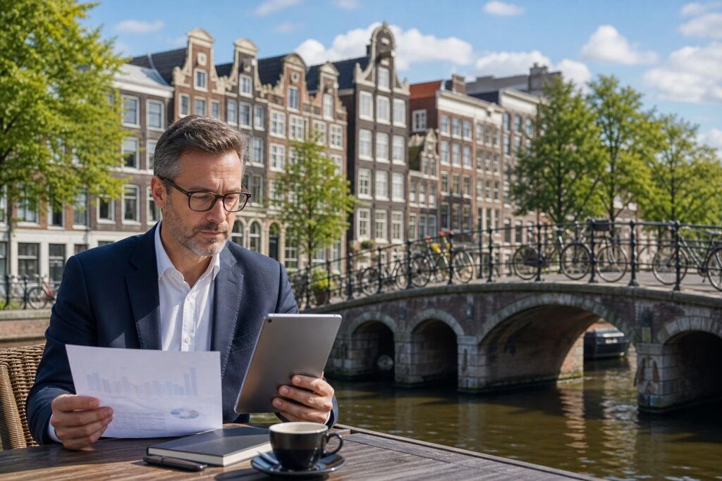 A calm Amsterdam canal scene with traditional canal houses, a bridge with bicycles, and a person reviewing documents by the water.