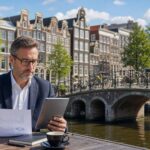 A calm Amsterdam canal scene with traditional canal houses, a bridge with bicycles, and a person reviewing documents by the water.