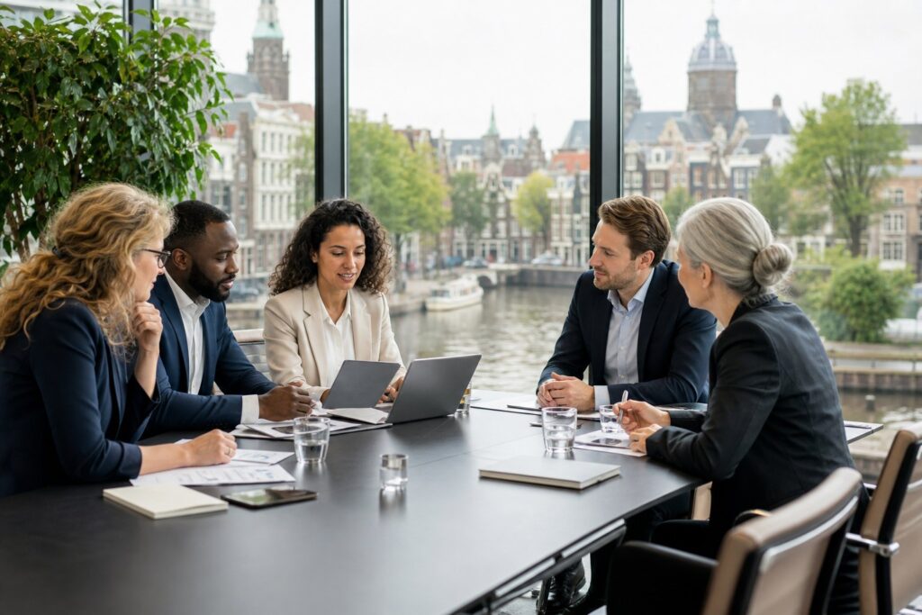 A group of professionals having a meeting in an office with a view of Amsterdam canals and historic buildings.