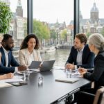A group of professionals having a meeting in an office with a view of Amsterdam canals and historic buildings.