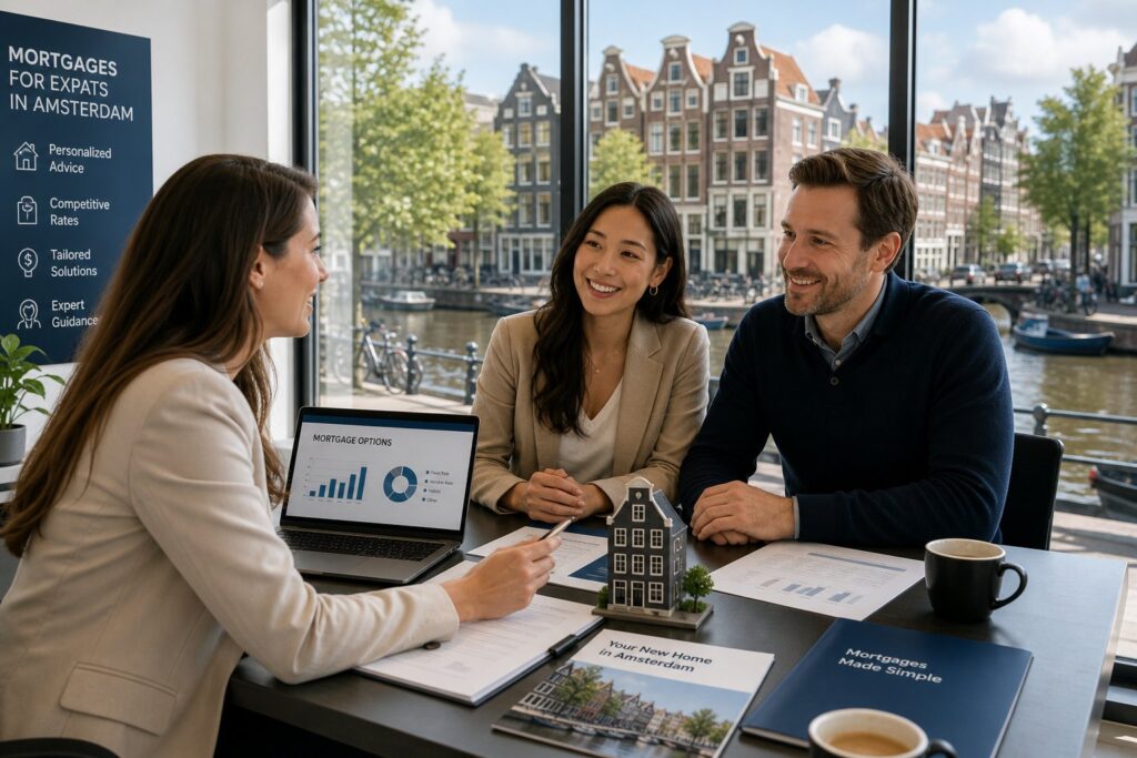 A couple and a financial advisor discussing mortgage options in an office with a view of Amsterdam canals and traditional houses.