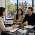 A couple and a financial advisor discussing mortgage options in an office with a view of Amsterdam canals and traditional houses.