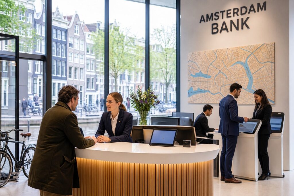Inside a modern bank in Amsterdam with professionals discussing finances near large windows showing canal houses outside.