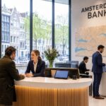 Inside a modern bank in Amsterdam with professionals discussing finances near large windows showing canal houses outside.