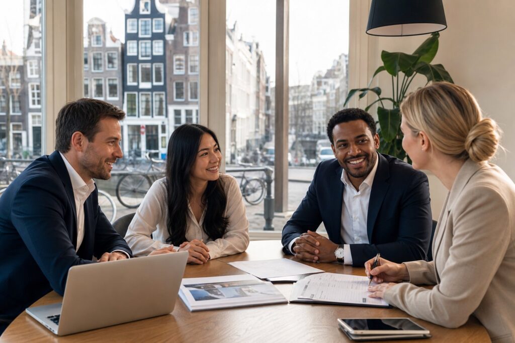 Clients and mortgage advisors meeting in a bright office with views of Amsterdam canal houses outside.