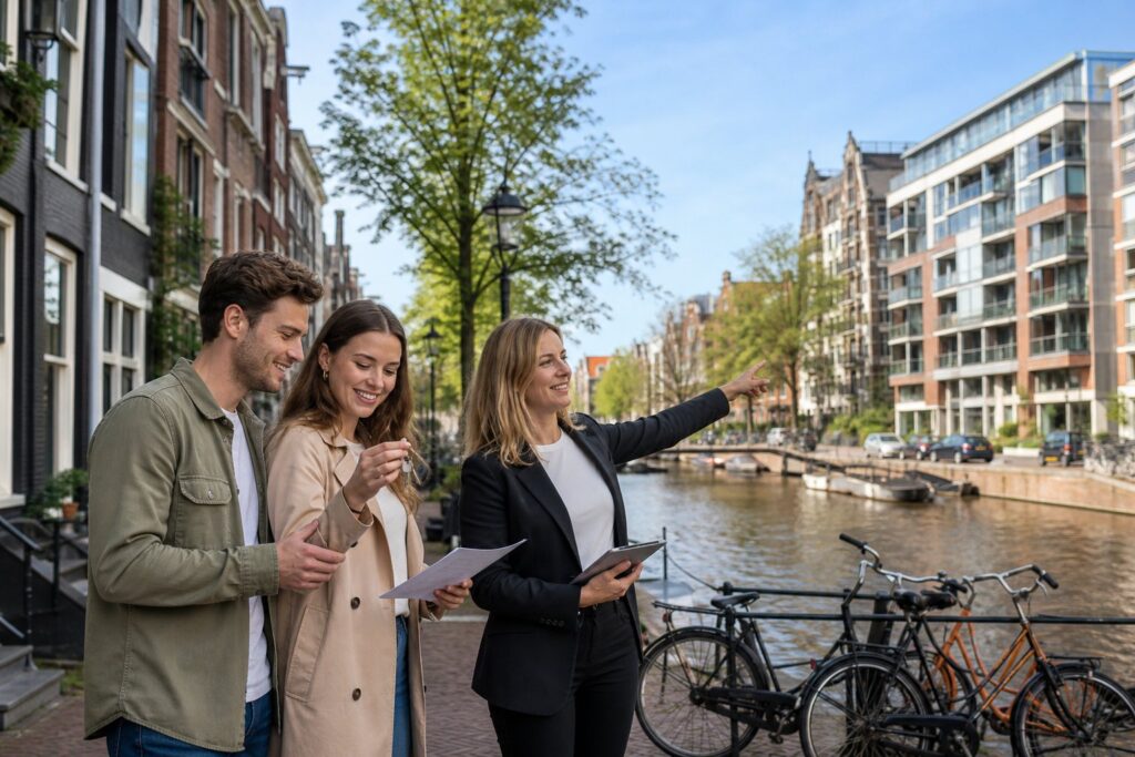 A young couple discussing housing options with a real estate agent near a canal in Amsterdam, with traditional Dutch houses and bicycles in the background.