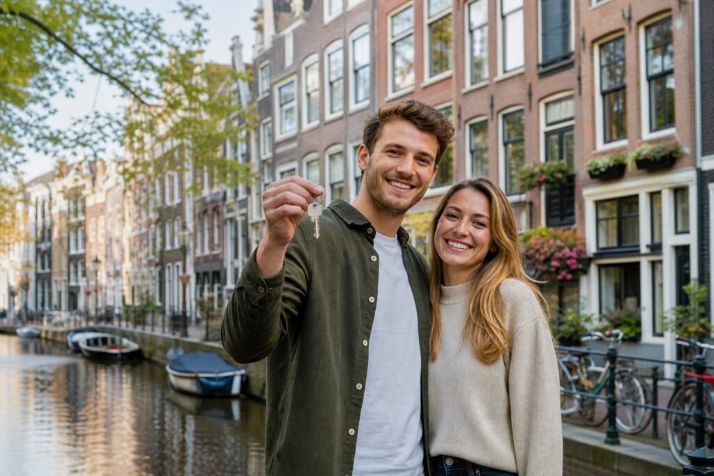 A young couple smiling and holding keys in front of a traditional Amsterdam canal house with boats and bicycles nearby.