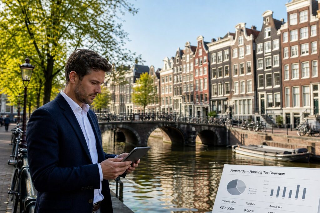A person reviewing documents near a canal with traditional Amsterdam houses and bicycles in the background.