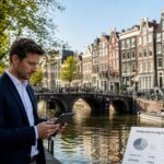 A person reviewing documents near a canal with traditional Amsterdam houses and bicycles in the background.