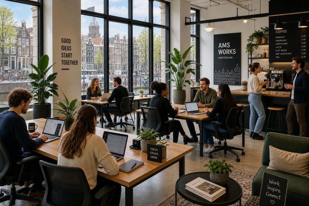 A modern coworking space with people working on laptops and collaborating, with large windows showing Amsterdam buildings outside.