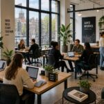 A modern coworking space with people working on laptops and collaborating, with large windows showing Amsterdam buildings outside.