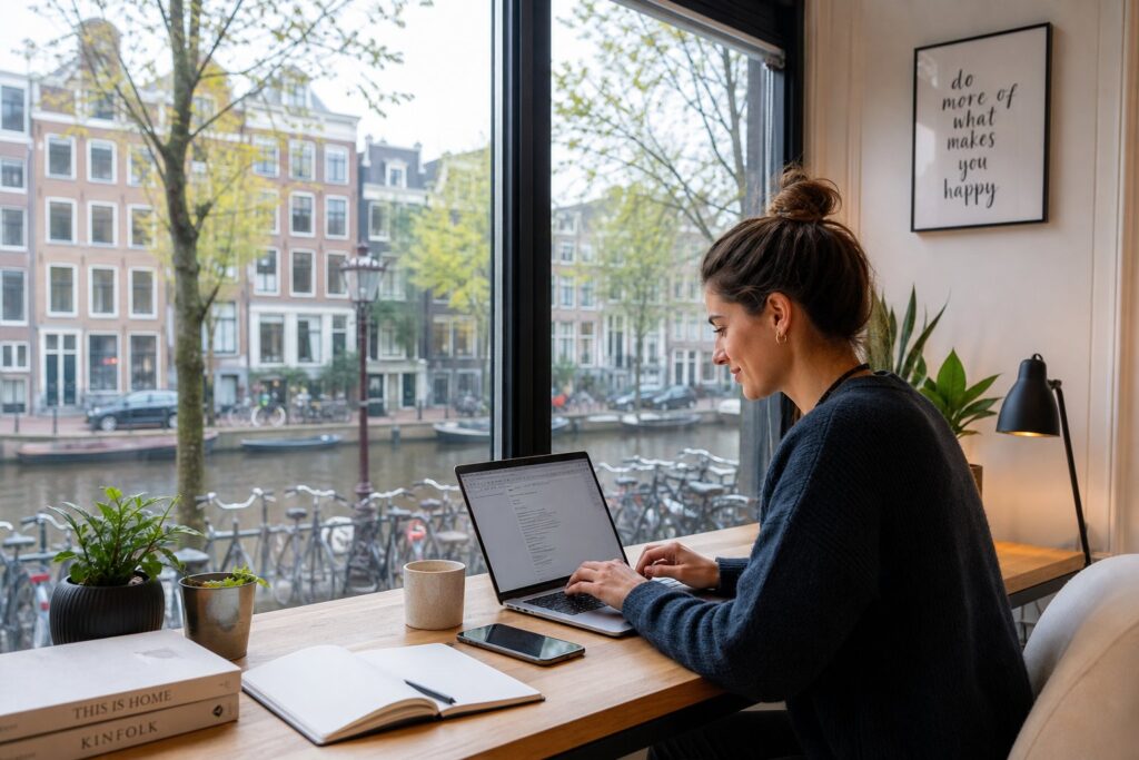 A person working on a laptop at a desk by a window overlooking an Amsterdam canal with buildings and bicycles.