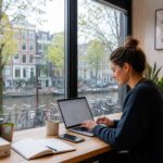 A person working on a laptop at a desk by a window overlooking an Amsterdam canal with buildings and bicycles.