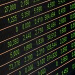 Stock market price board showing share prices in red and green