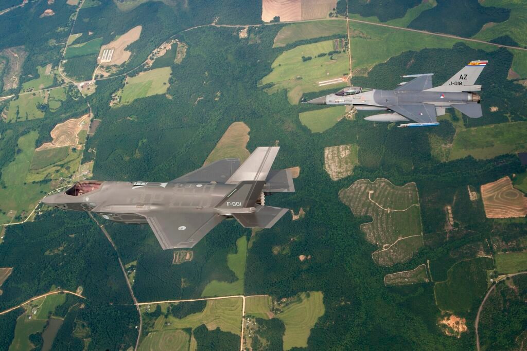 Royal Netherlands Air Force F-16 and F-35 in flight