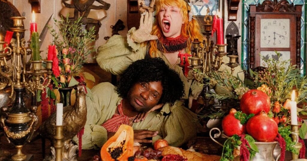 Theatrical pop duo Haute & Freddy in clown regalia