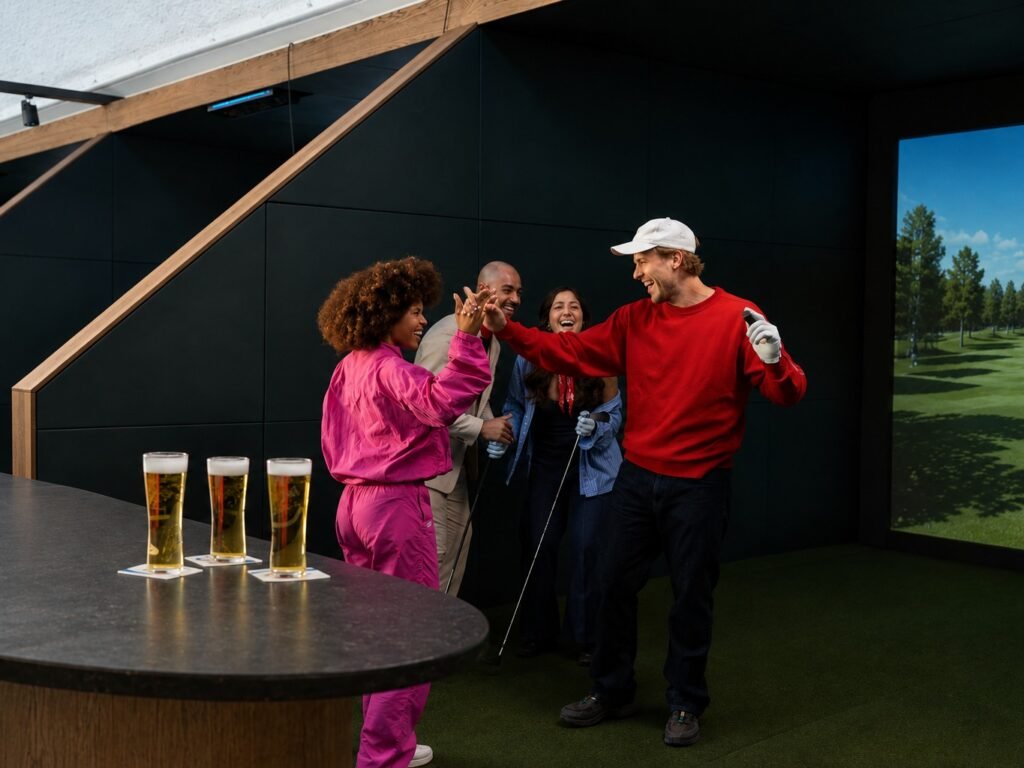 Simulated golf tournament, oysters, and cava