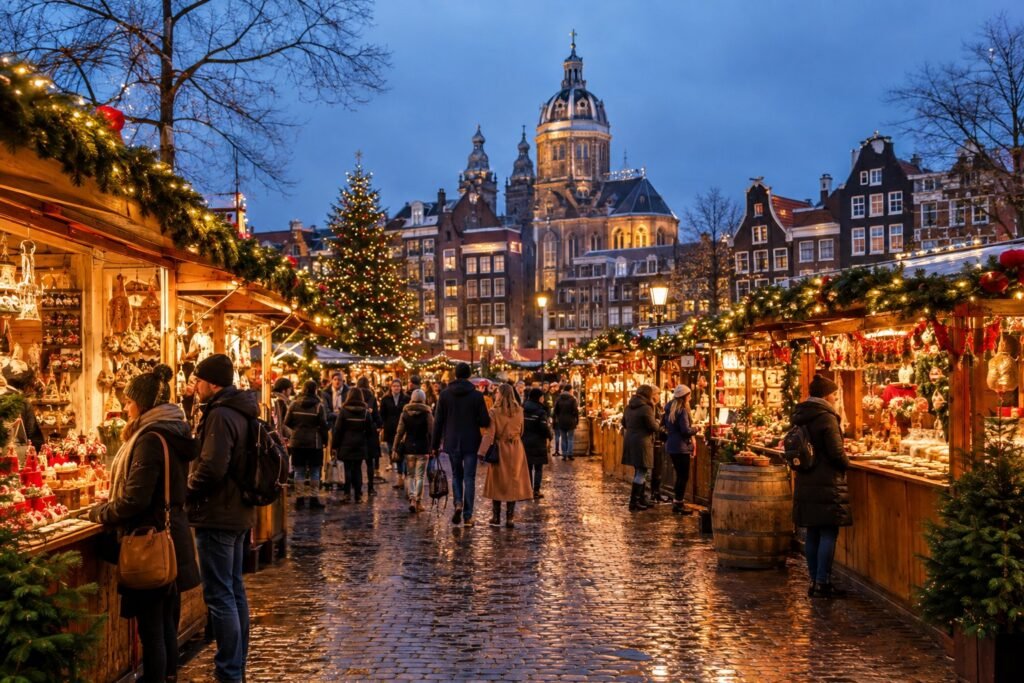 Visitors browse festive market stalls in an Amsterdam square.