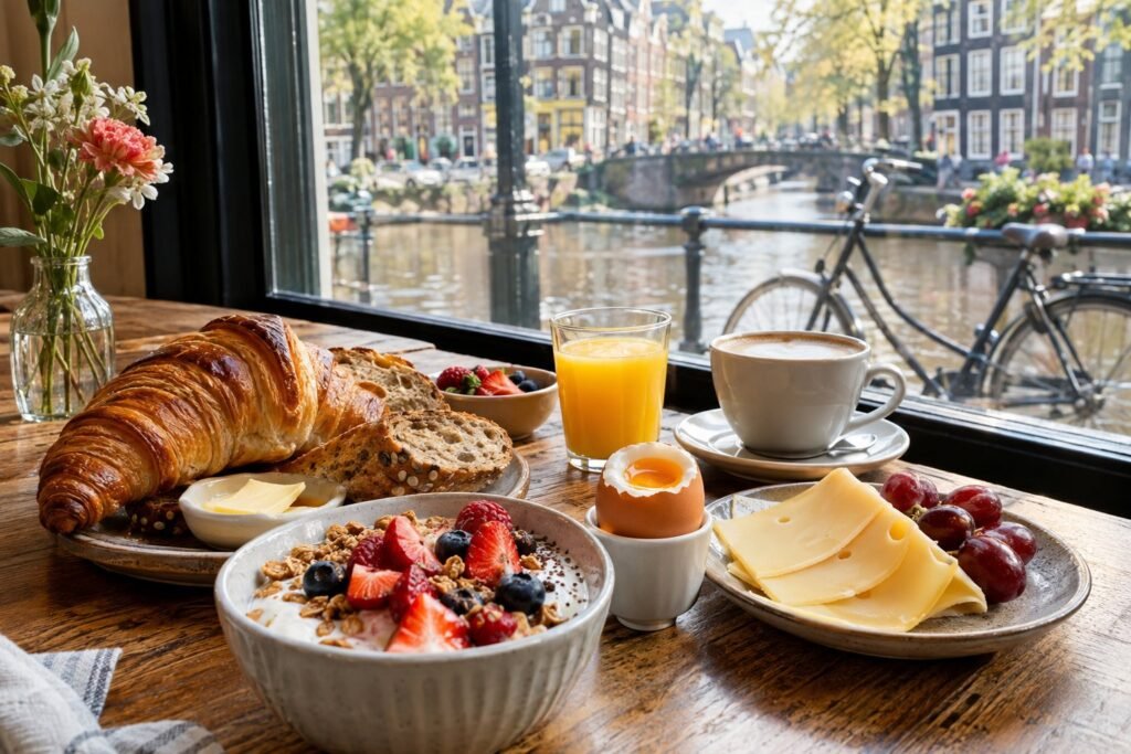 A Dutch-style breakfast on a table beside a window overlooking an Amsterdam canal.