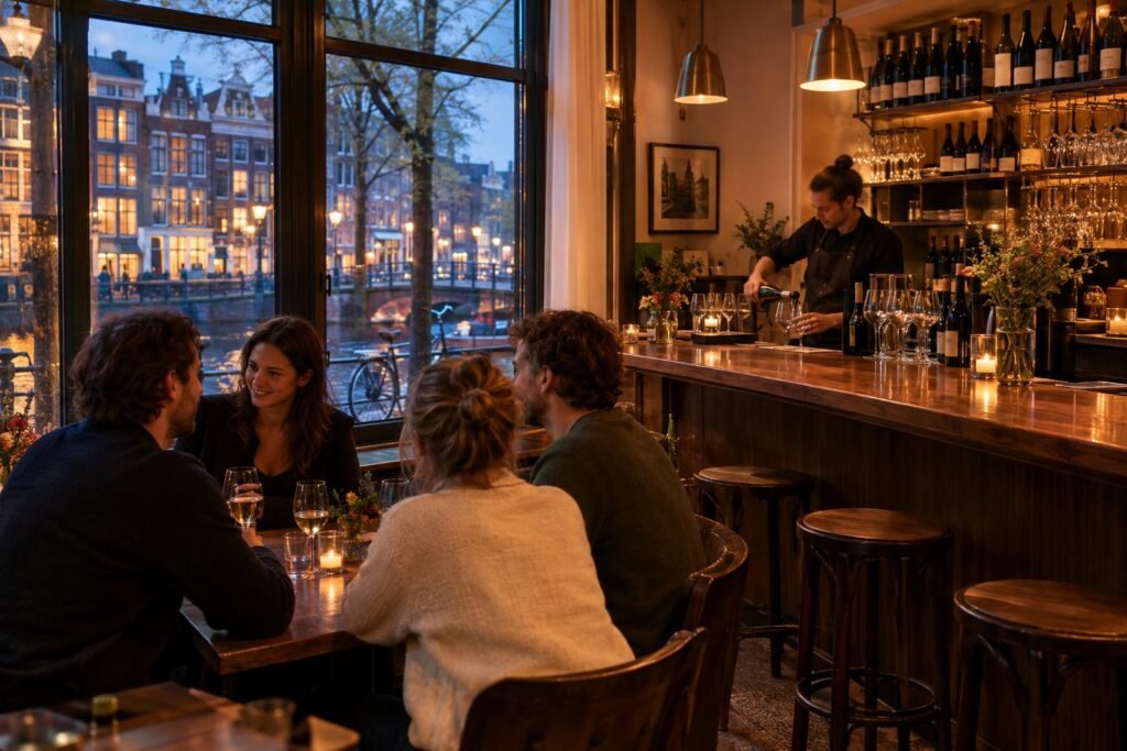 People enjoy wine and conversation inside an Amsterdam bar beside a canal street.