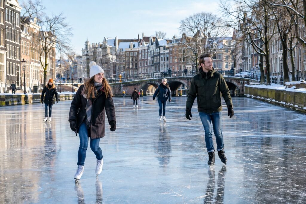 People ice skating on a frozen Amsterdam canal beside historic canal houses.