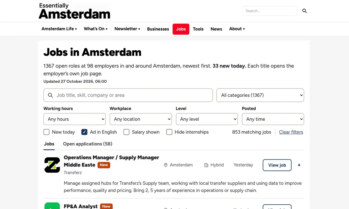 Amsterdam Job Radar: 1,367 open roles at 98 employers, Ad in English filter on, AI summary opened