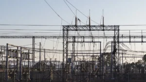 An electricity substation with pylons and power lines