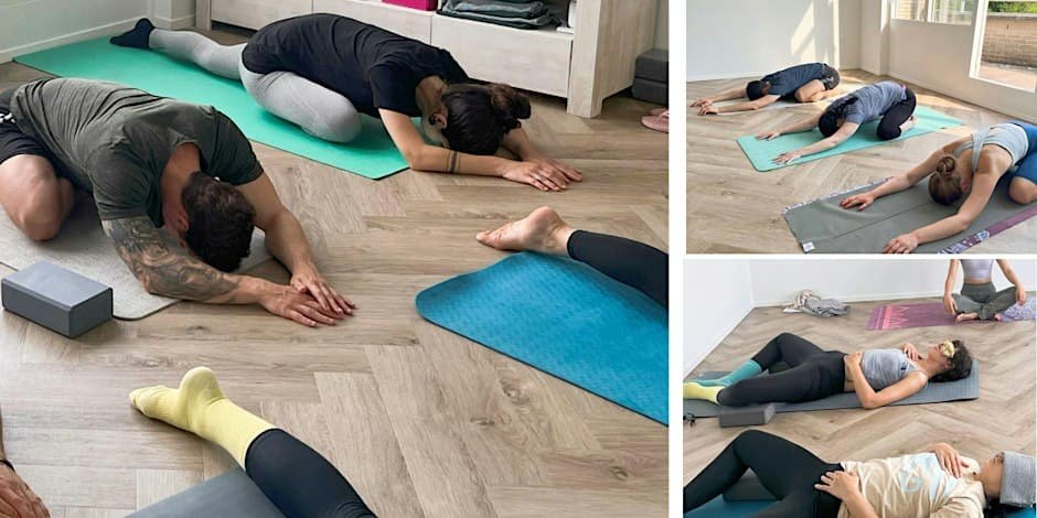 Yin yoga with Tibetan singing bowls, poses held for minutes