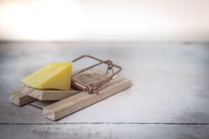 Close-up of a wooden mousetrap with a piece of cheese on a rustic table surface.