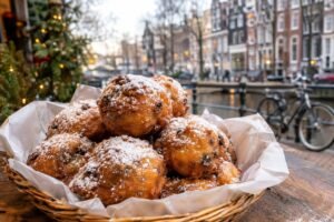 Powdered-sugar-dusted oliebollen on a market counter in Amsterdam.
