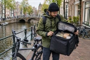 A food delivery cyclist with a bicycle beside an Amsterdam canal.