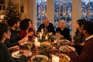 Family and friends share a Christmas dinner in an Amsterdam home.